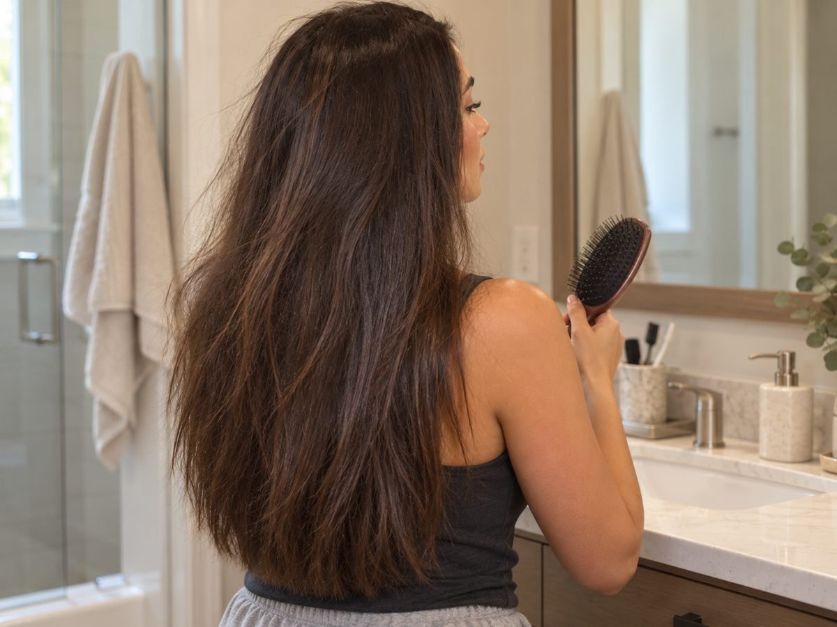 La misma mujer en casa, con frizz y sin brillo semanas después del alisado