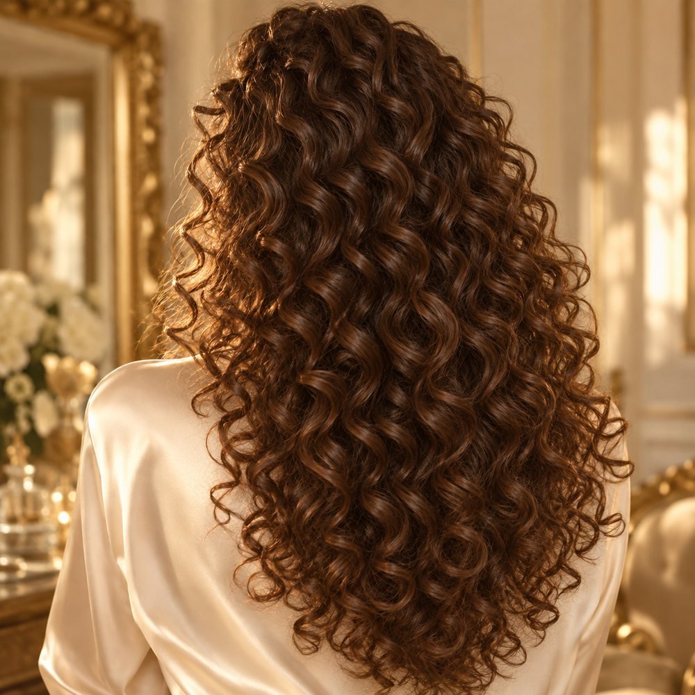 Pelo rizado largo visto de espaldas