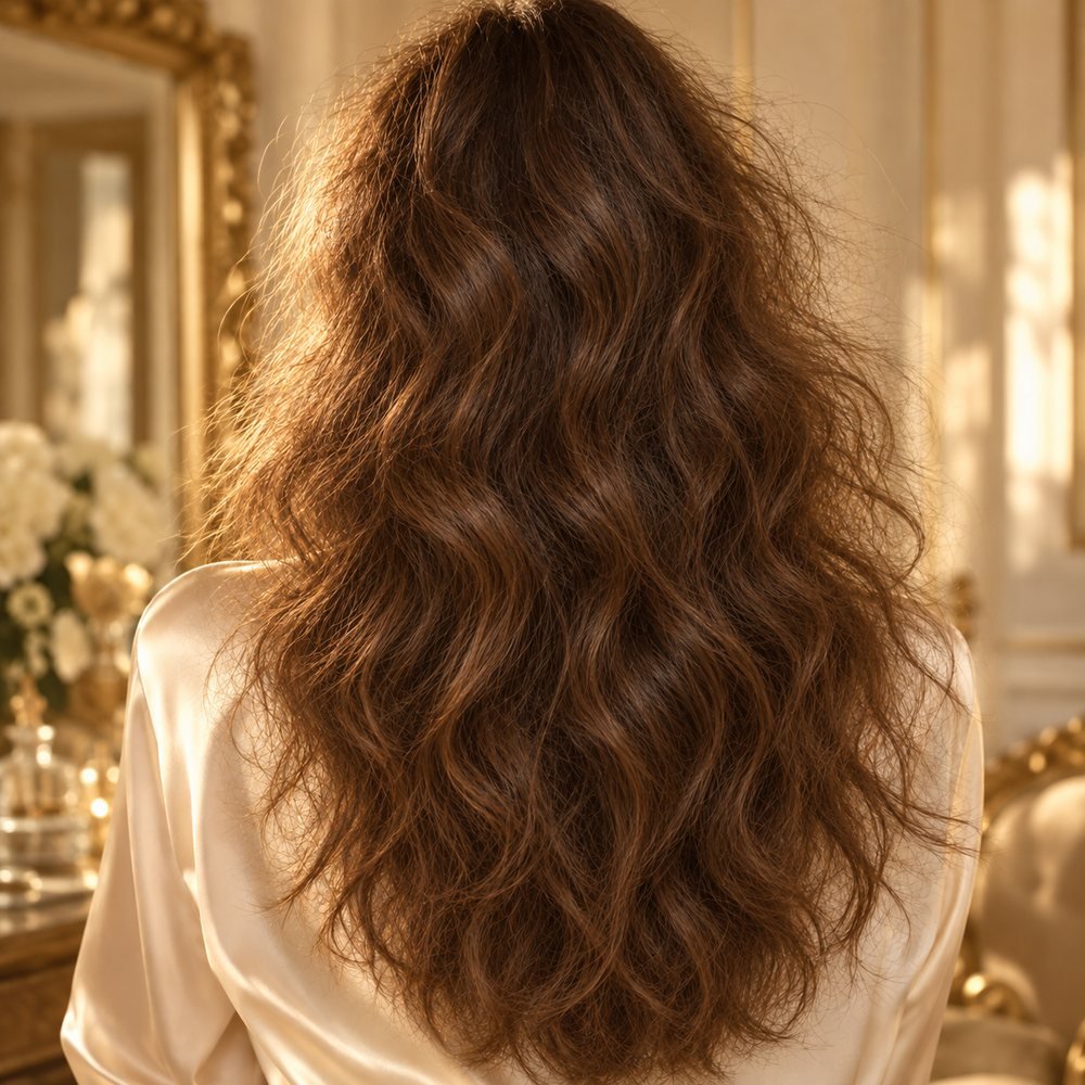 Pelo grueso con volumen y frizz visto de espaldas